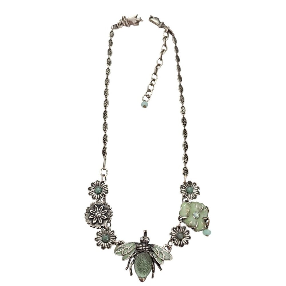 Mary DeMarco Silver Tone Green Enamel Fly Flower Necklace Molded Glass, C119